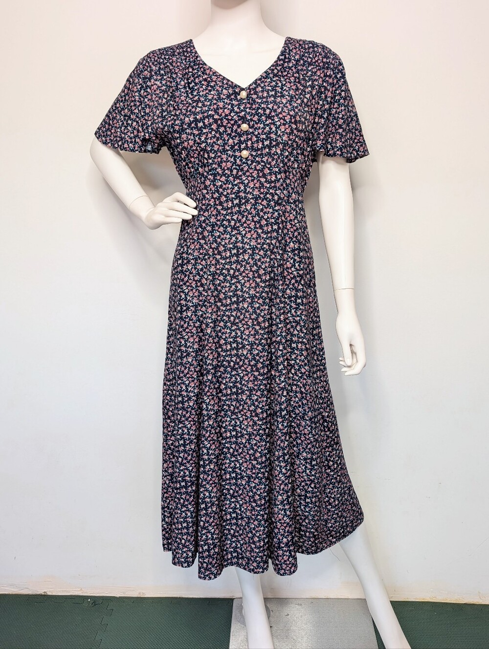 Vintage Navy & Mauve Micro Floral Button Front Short Sleeve Midi Prairie Dress